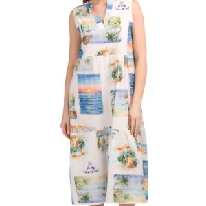Spighe Di Lino | Dresses | Spighe Di Lino Linen Blend Sleeveless Vacation  Print Dress Summer Spring Resort | Poshmark